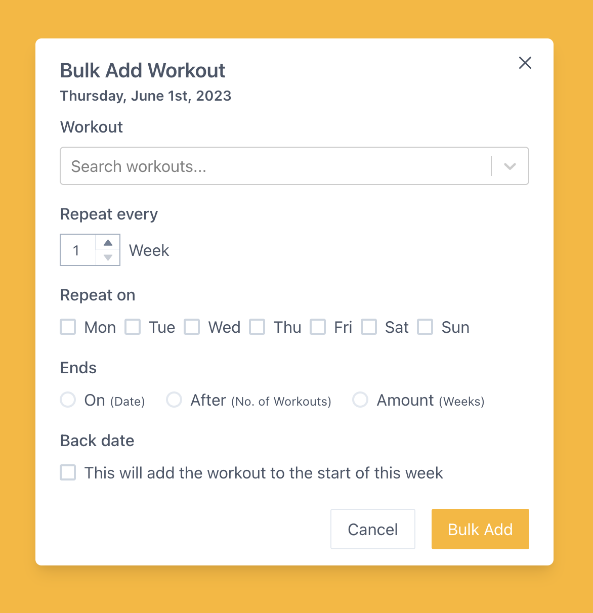 Bulk Add Workout Screen
